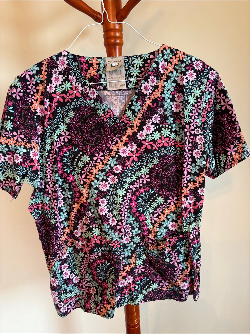 Size Medium Cherokee scrub top in Black, Pink, Mint & Coral